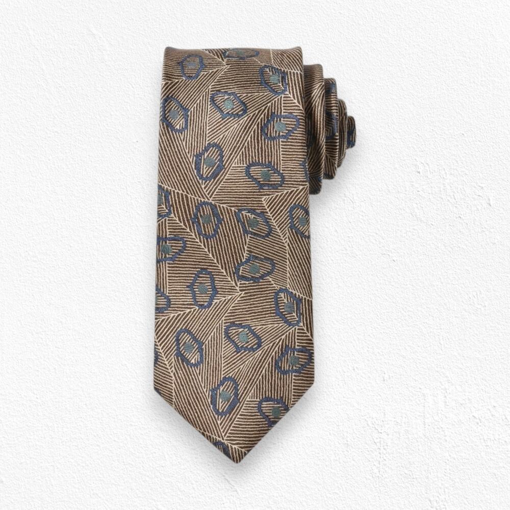 80s Vintage Chaps Ralph Lauren Geometric Brown Blue Made in USA Silk Neck Tie